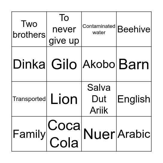 A Long Walk To Water  Bingo Card