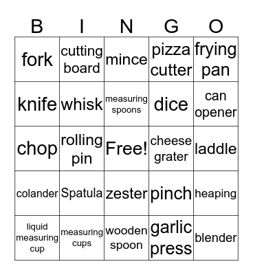 Kitchen Bingo Card