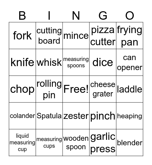 Kitchen Bingo Card