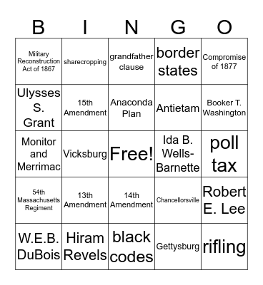 Civil War/Reconstruction Bingo Card