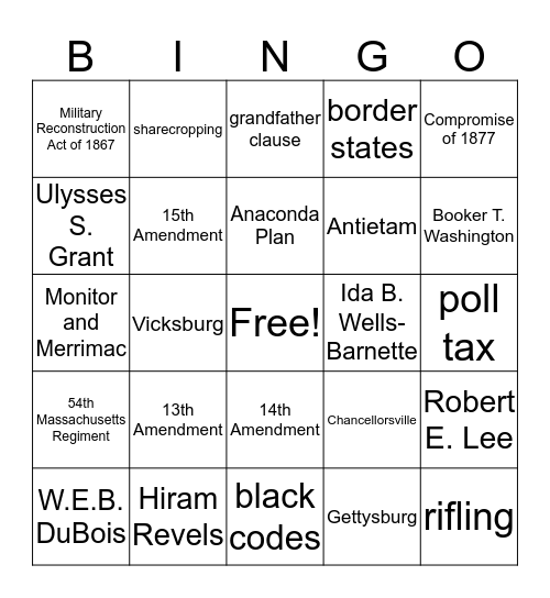 Civil War/Reconstruction Bingo Card