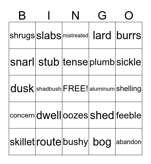 Shiloh Vocabulary Ch.1-4 Bingo Card