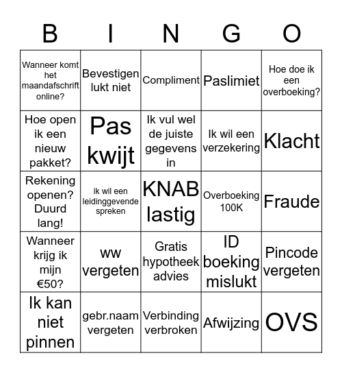 KNAB BINGO KAART Bingo Card