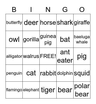 Animals Bingo Card