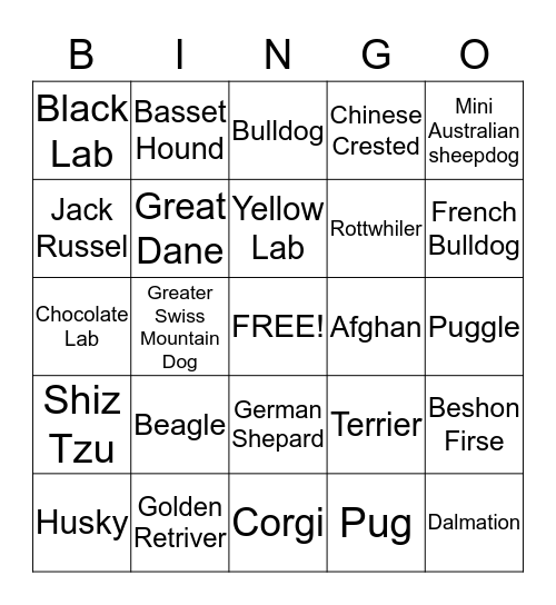 Dog Breeds Bingo Card