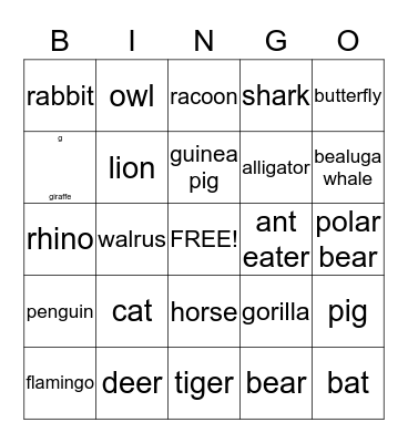 ANIMALS Bingo Card