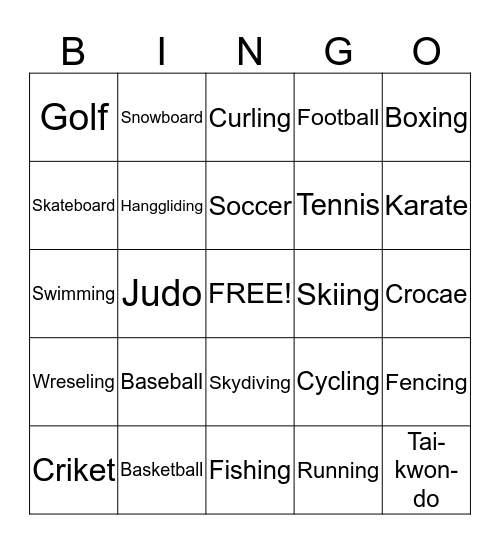 Sports Bingo Card