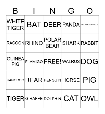 ANIMALS Bingo Card