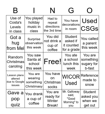 Teacher Christmas Bingo Card