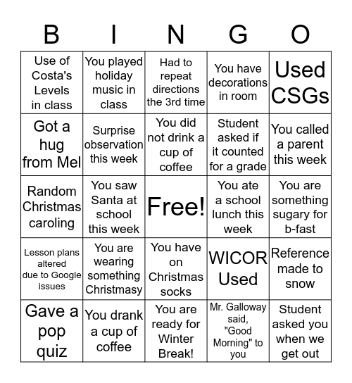 Teacher Christmas Bingo Card