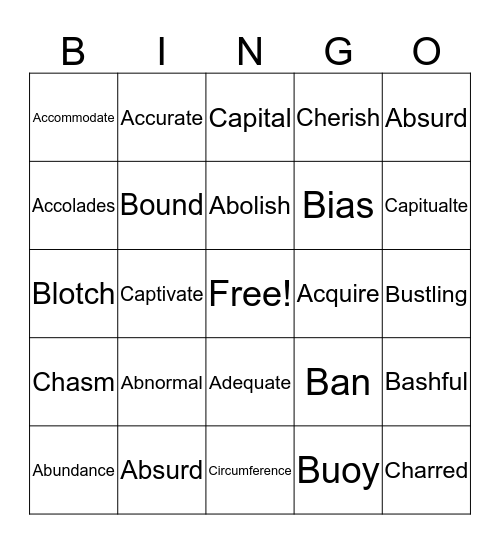 List A-C Bingo Card