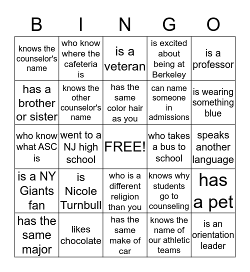 Orientaion Fall 2013                       Find someone who: Bingo Card