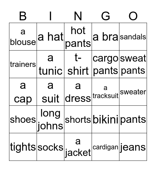 clothes Bingo Card