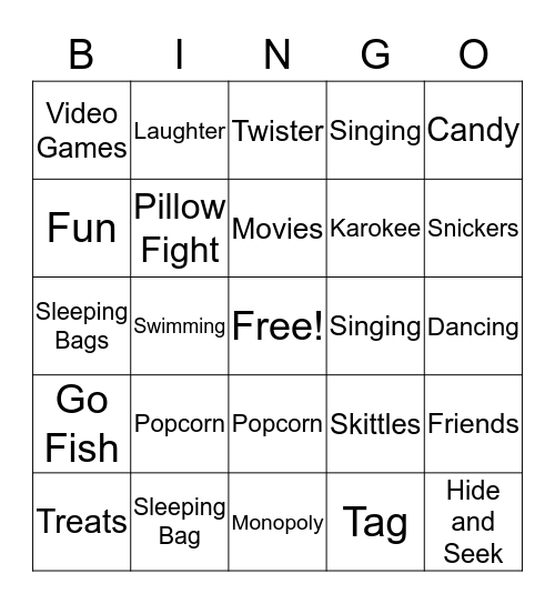 Slumber Party Bingo  Bingo Card