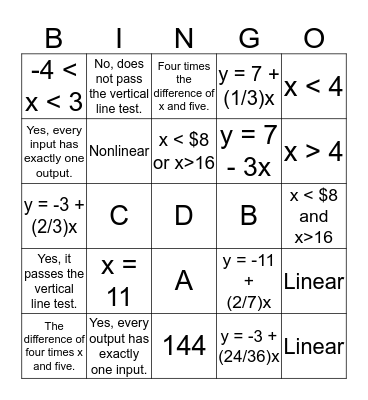 MATH Bingo Card