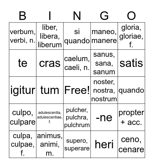 Chapter 5 Latin Bingo Card