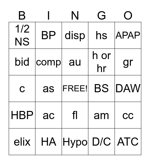 Pharmacy  Tech Abbreviations  Bingo Card