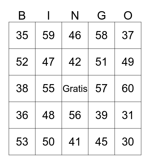 Los Números 30-60 Bingo Card