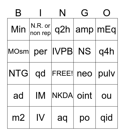 Pharmacy  Tech Abbreviations  Bingo Card