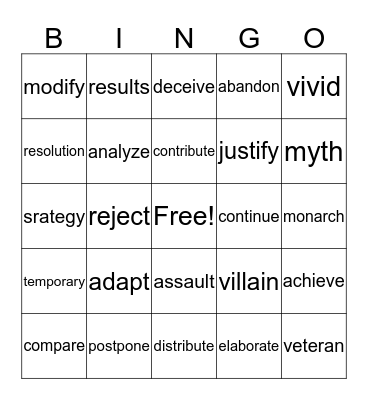 Vocabulary Bingo Card