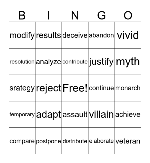 Vocabulary Bingo Card