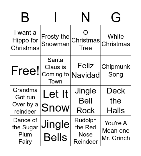 Holiday Carols Bingo Card