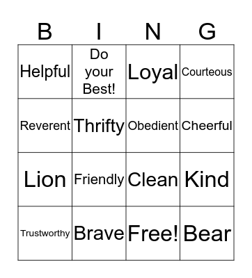Cub Scout Bingo Card
