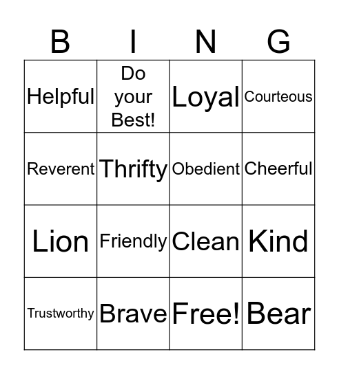 Cub Scout Bingo Card