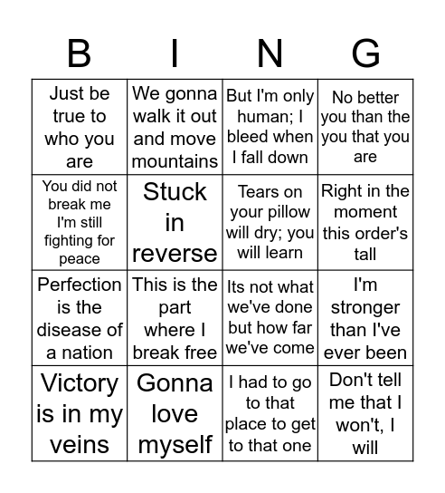 Lyric Identification Bingo Card