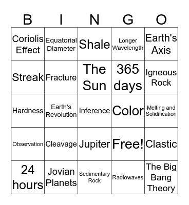 Earth Science Bingo Card