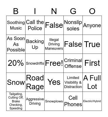 Road Rage & Parking Lot Safety Bingo Card