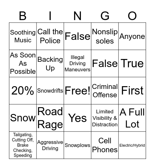 Road Rage & Parking Lot Safety Bingo Card