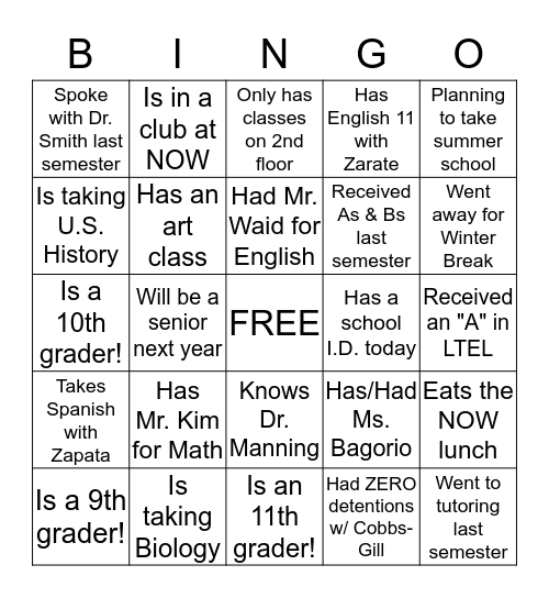 Mr. Zarate's NOW Academy BINGO! Bingo Card