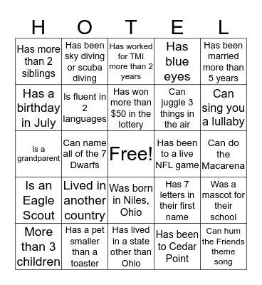 Know Your TMI Family Bingo Card