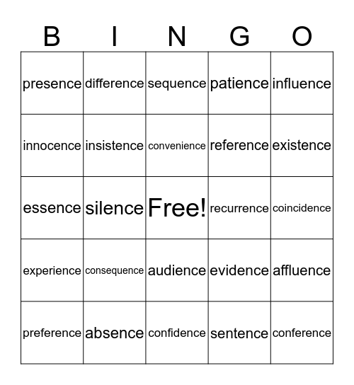 -ence ending in words Bingo Card