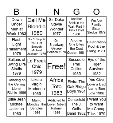 1977 - 1986 Bingo Card