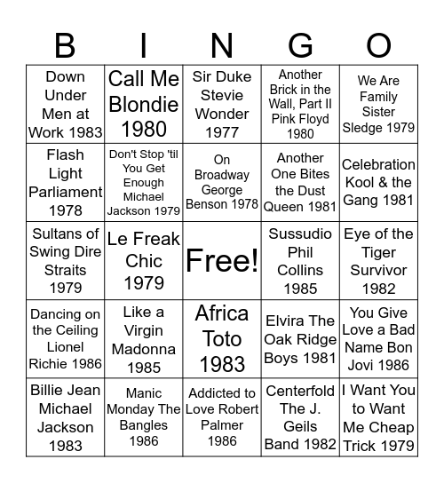 1977 - 1986 Bingo Card