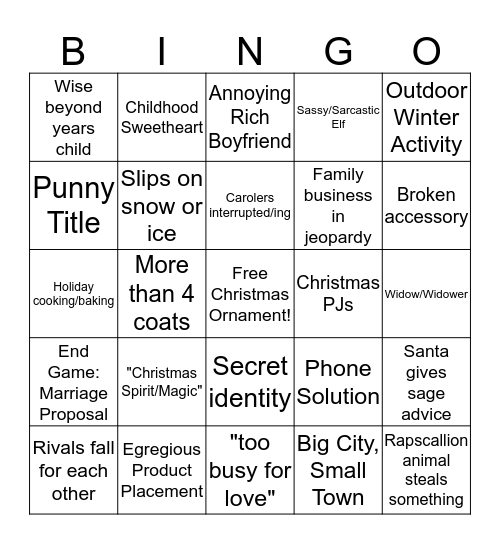 Cheesy Christmas Movie Bingo Card