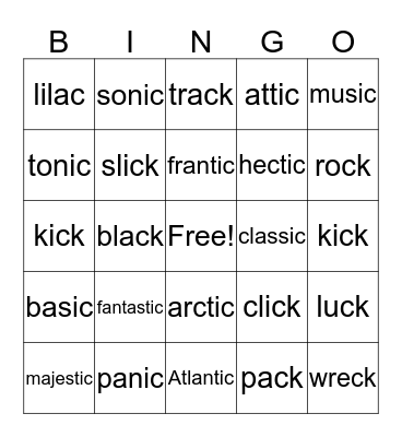 'ick' and 'ic' Bingo Card