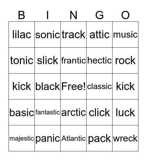 'ick' and 'ic' Bingo Card