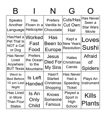 Getting to Know You Bingo Card