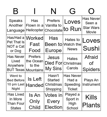 Getting to Know You Bingo Card