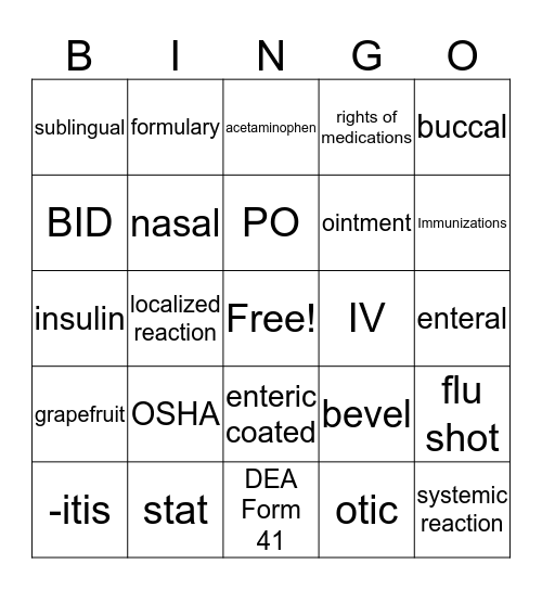 Semester 1 Pharm Review Bingo Card