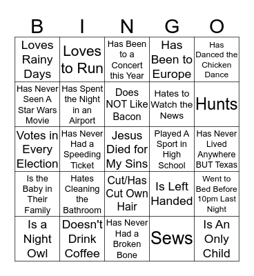 Getting to Know You Bingo Card