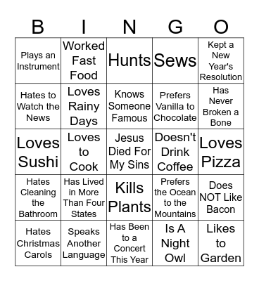 Getting to Know You Bingo Card