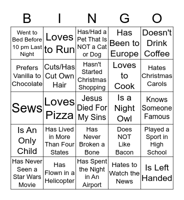 Getting to Know You Bingo Card