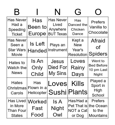 Getting to Know You Bingo Card