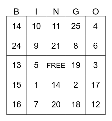 NUMBER BINGO Card