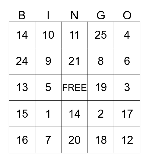 NUMBER BINGO Card