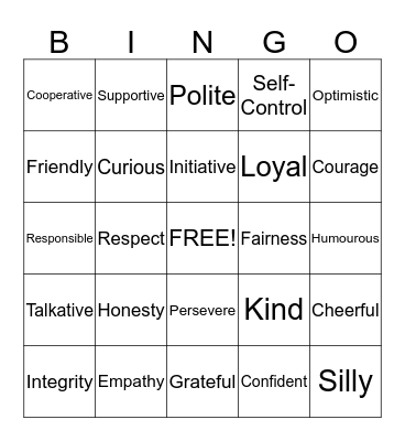 Character Education Bingo Card